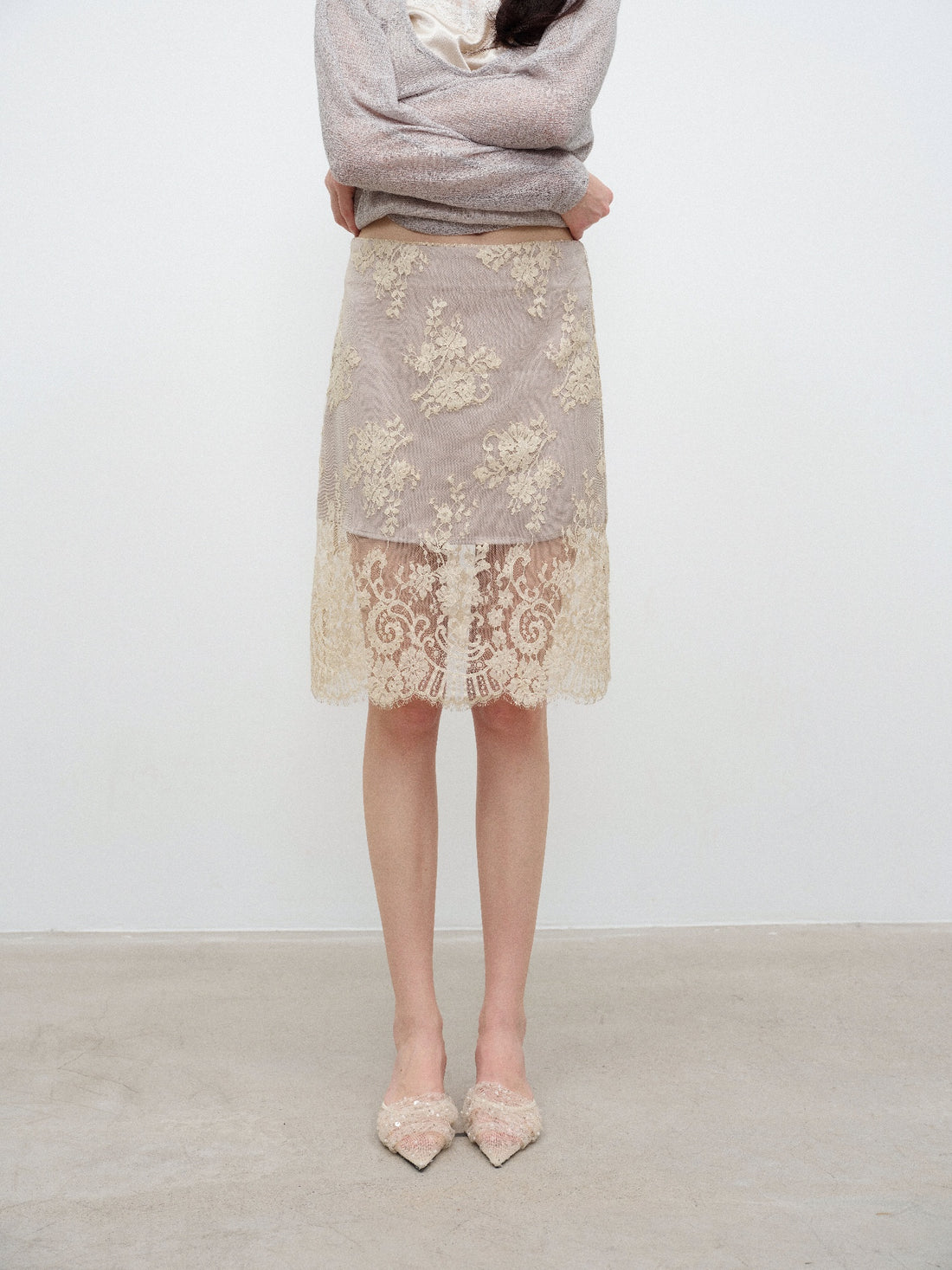 NONCESTNON N380 Champagne Lace Midi Skirt