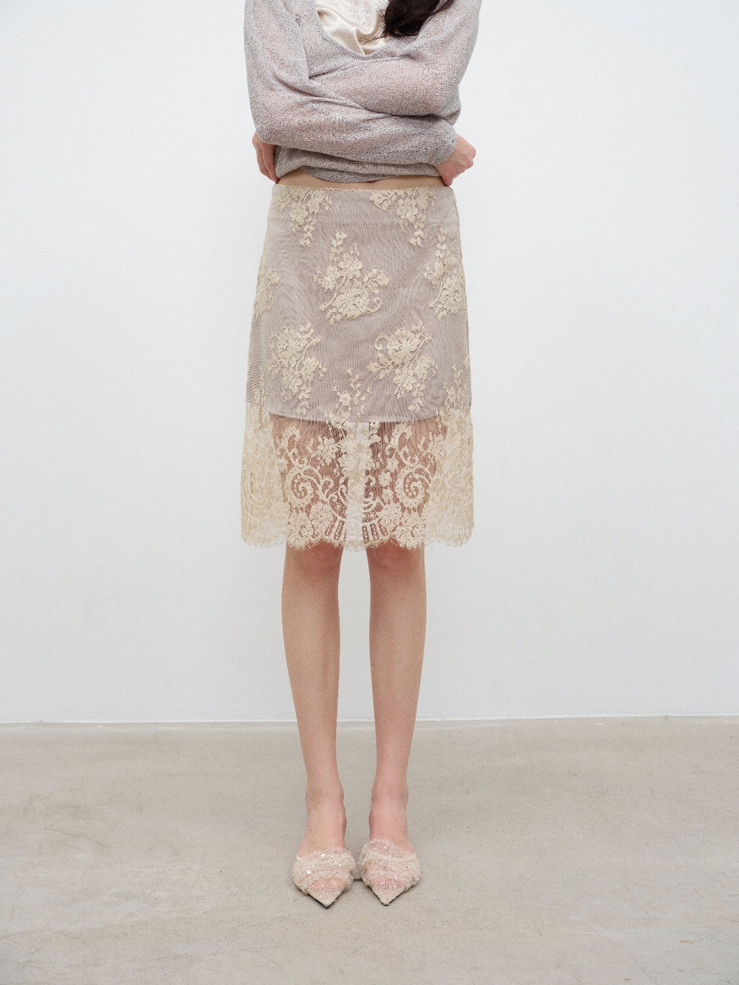 NONCESTNON N380 Champagne Lace Midi Skirt
