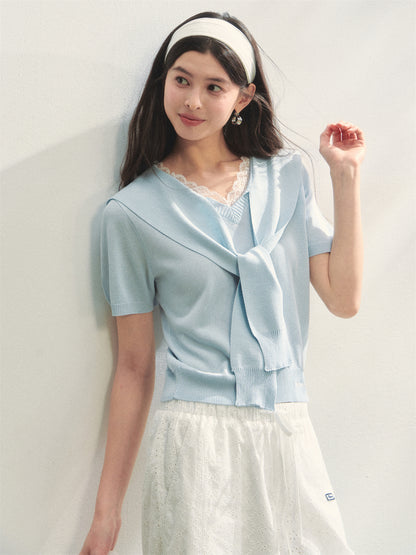 AsGony ASG25125 Splicing V-neck lace knit shawl top