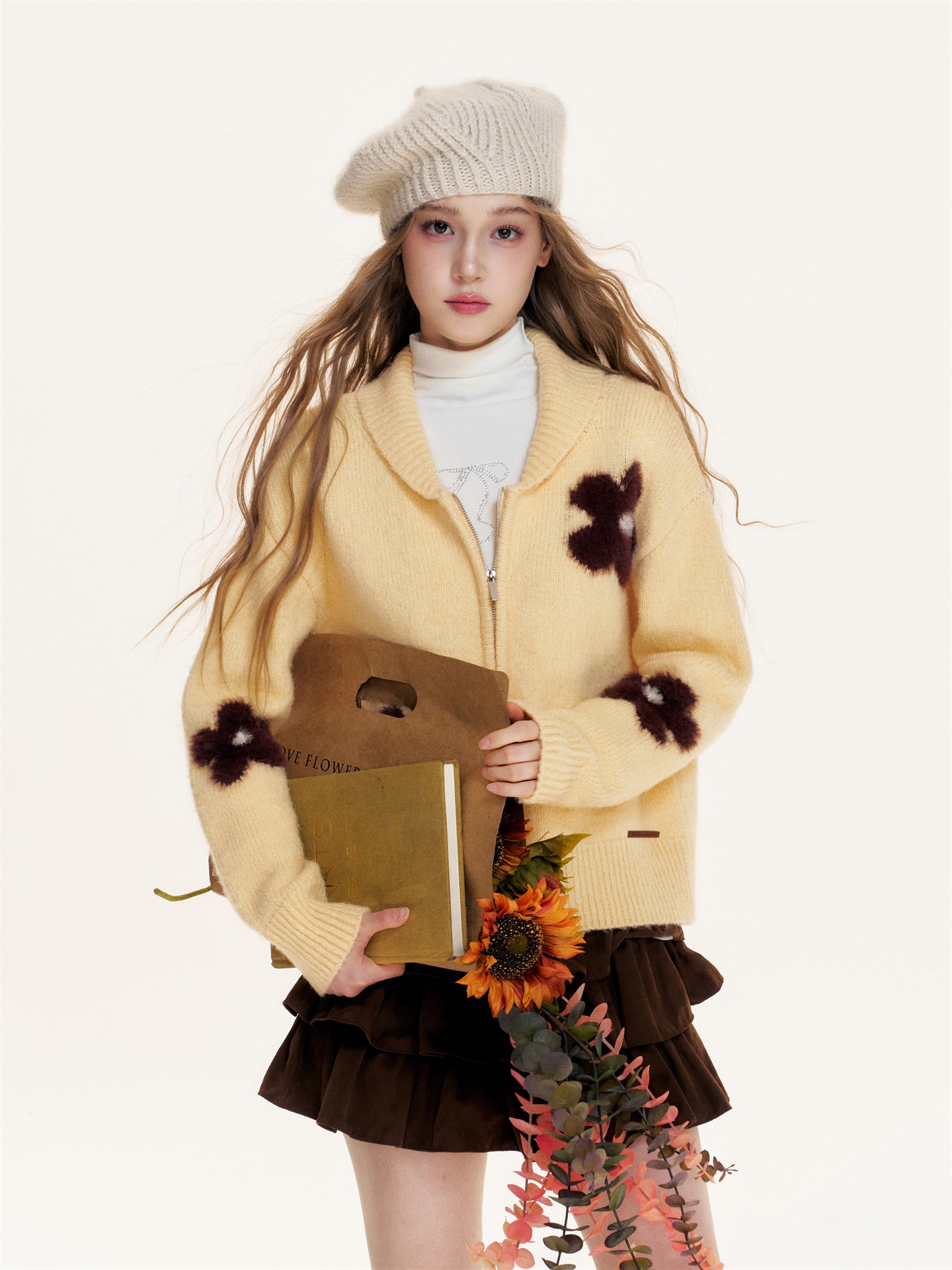 16DEWS 16D25433 Flower jacquard zipper cardigan