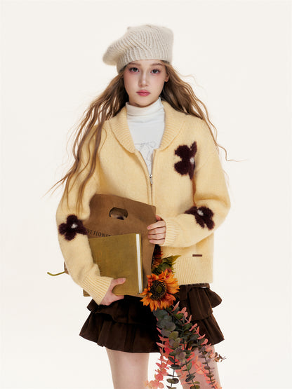 16DEWS 16D25433 Flower jacquard zipper cardigan