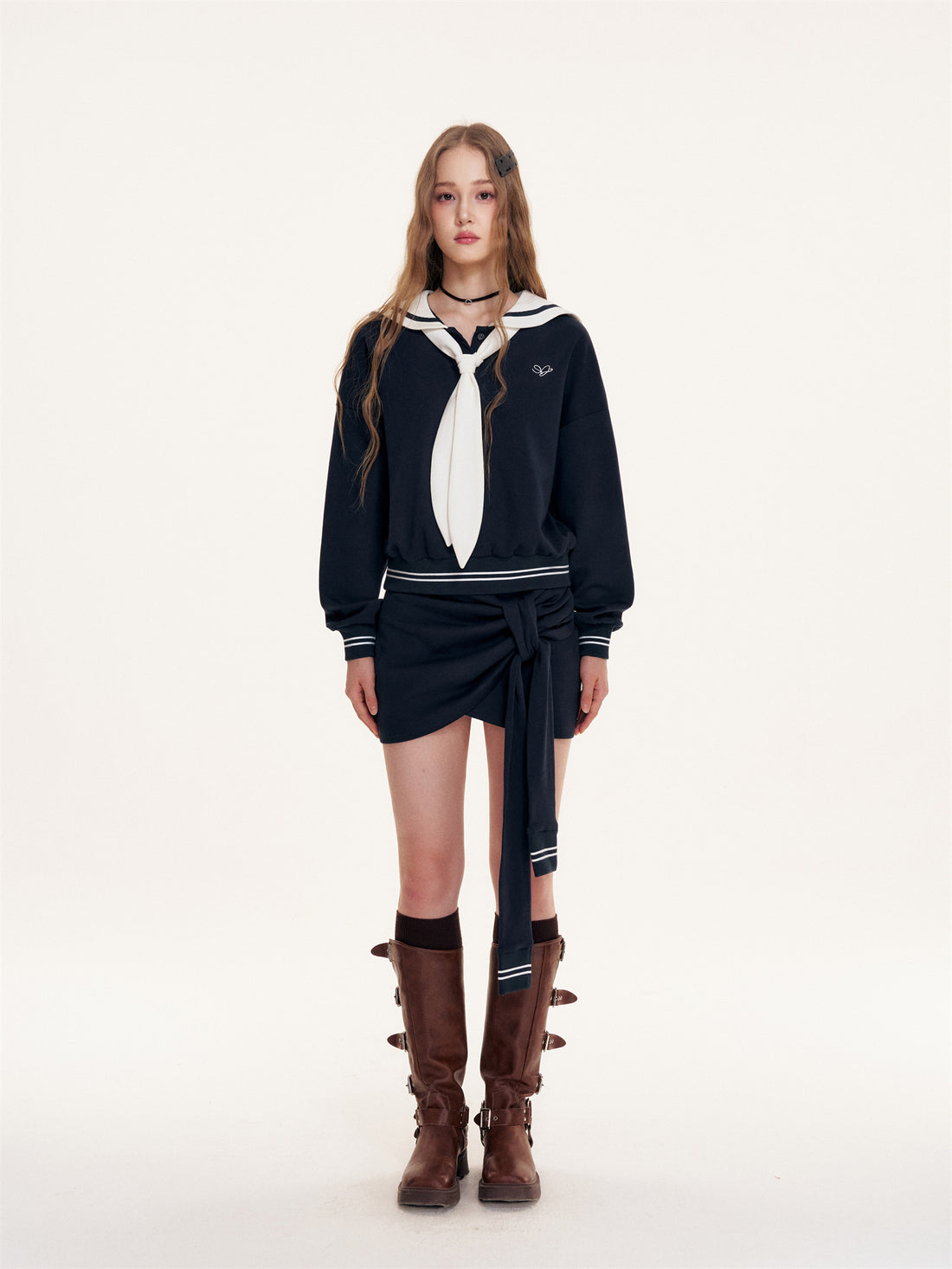 16DEWS 16D25415&amp;16D25416 British Navy collar contrasting hoodie + skirt set
