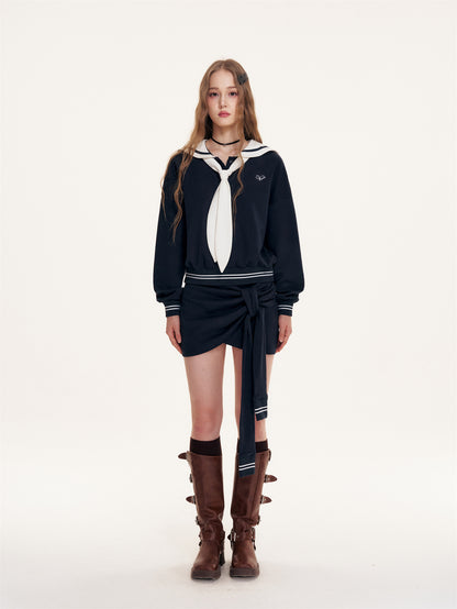 16DEWS 16D25415&amp;16D25416 British Navy collar contrasting hoodie + skirt set