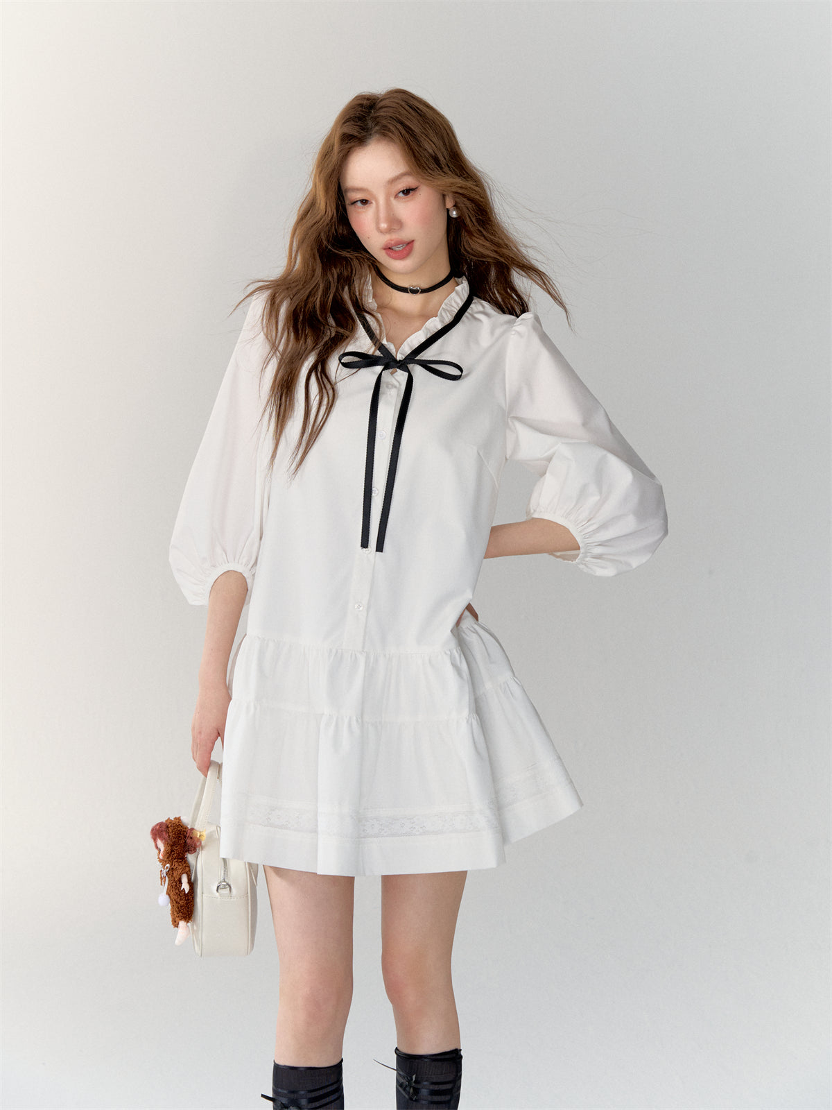 AsGony ASG24717 Bow tie shirt pleated dress