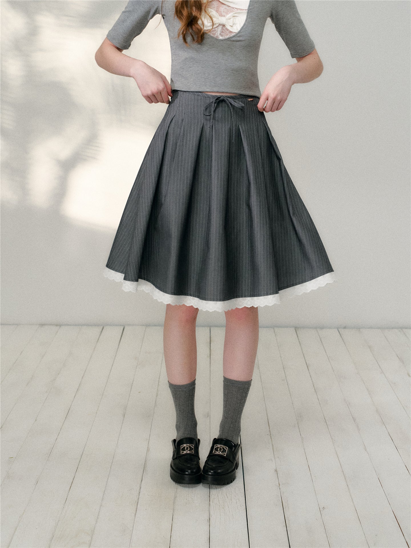 16DEWS 16D26131 Lace patchwork striped A-line large swing skirt