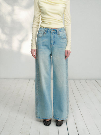16DEWS 16D26082 Side rhinestone high waisted straight leg jeans