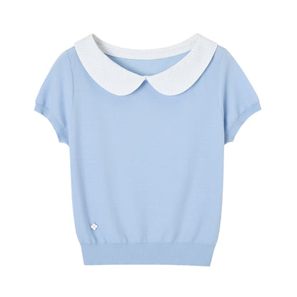 SOMESOWE S2609097 Doll collar patchwork knitted short sleeved shirt
