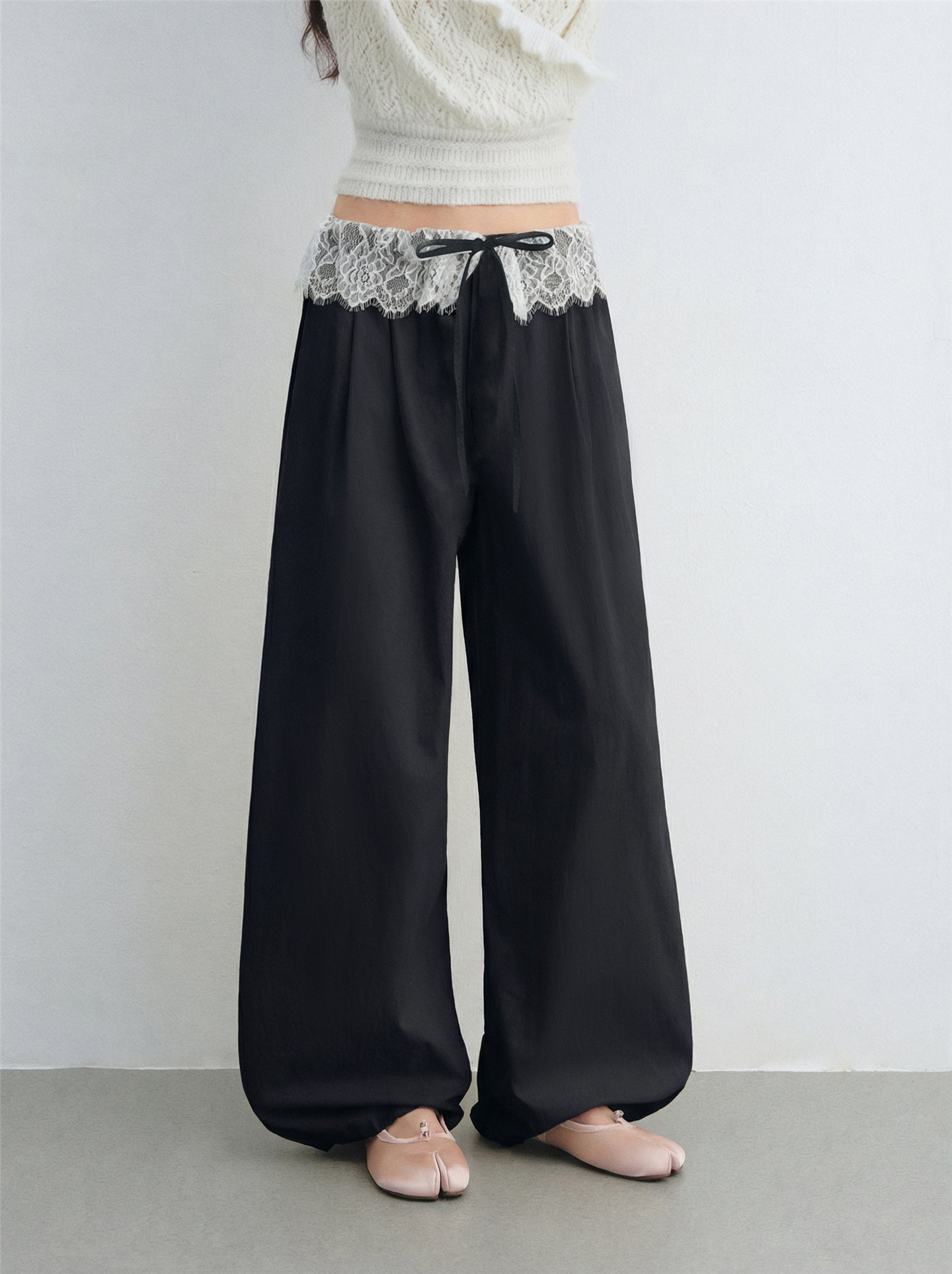 AsGony ASG26024 Lace patchwork drawstring waist wide leg casual pants