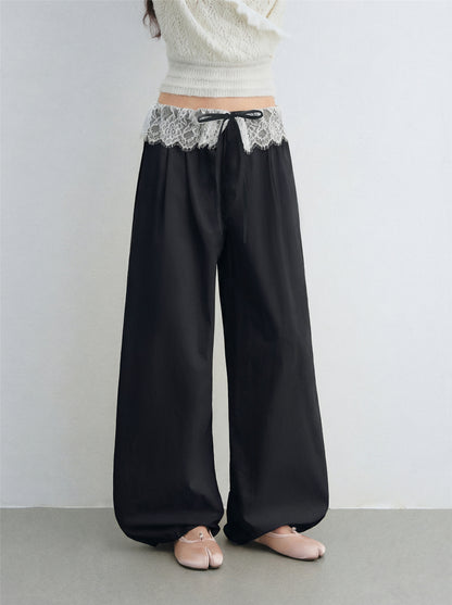 AsGony ASG26024 Lace patchwork drawstring waist wide leg casual pants