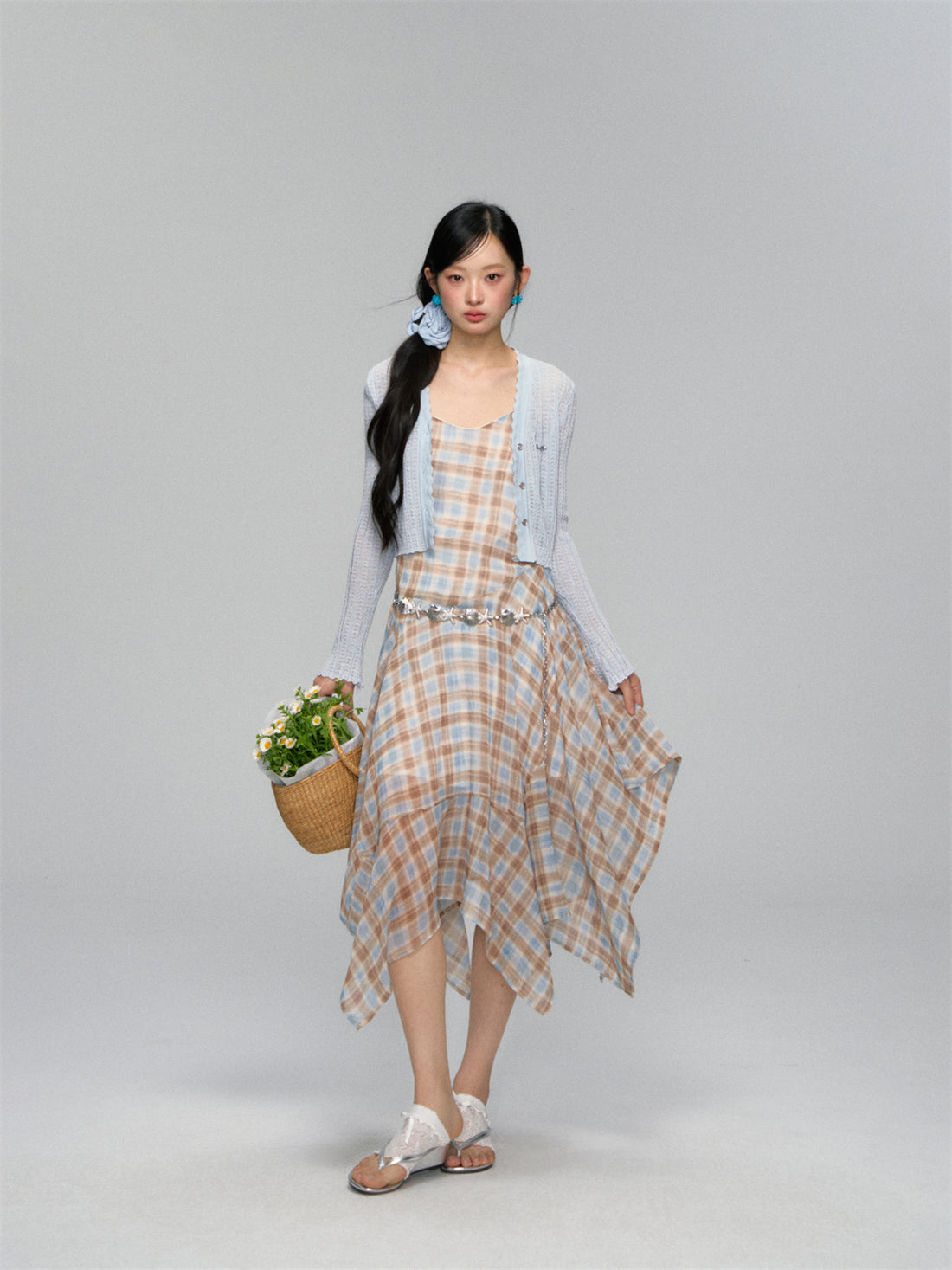 AsGony ASG25159 Irregular plaid camisole ruffle edge dress