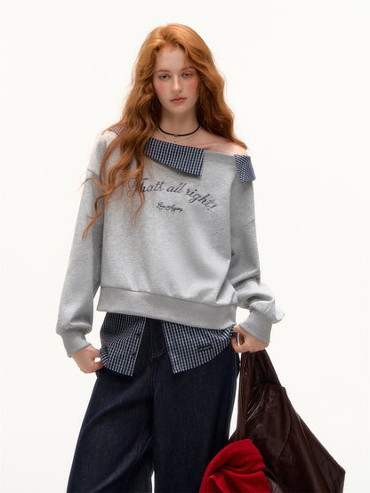 AsGony ASG25422 Off shoulder slanted shoulder patchwork printed embroidered hoodie