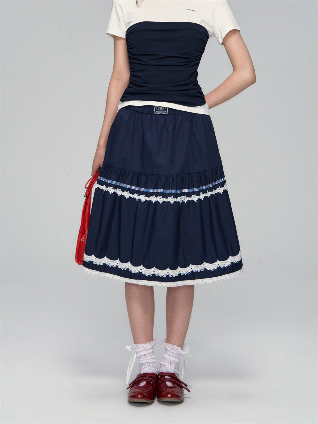 AsGony ASG25109 Elastic lace A-line skirt