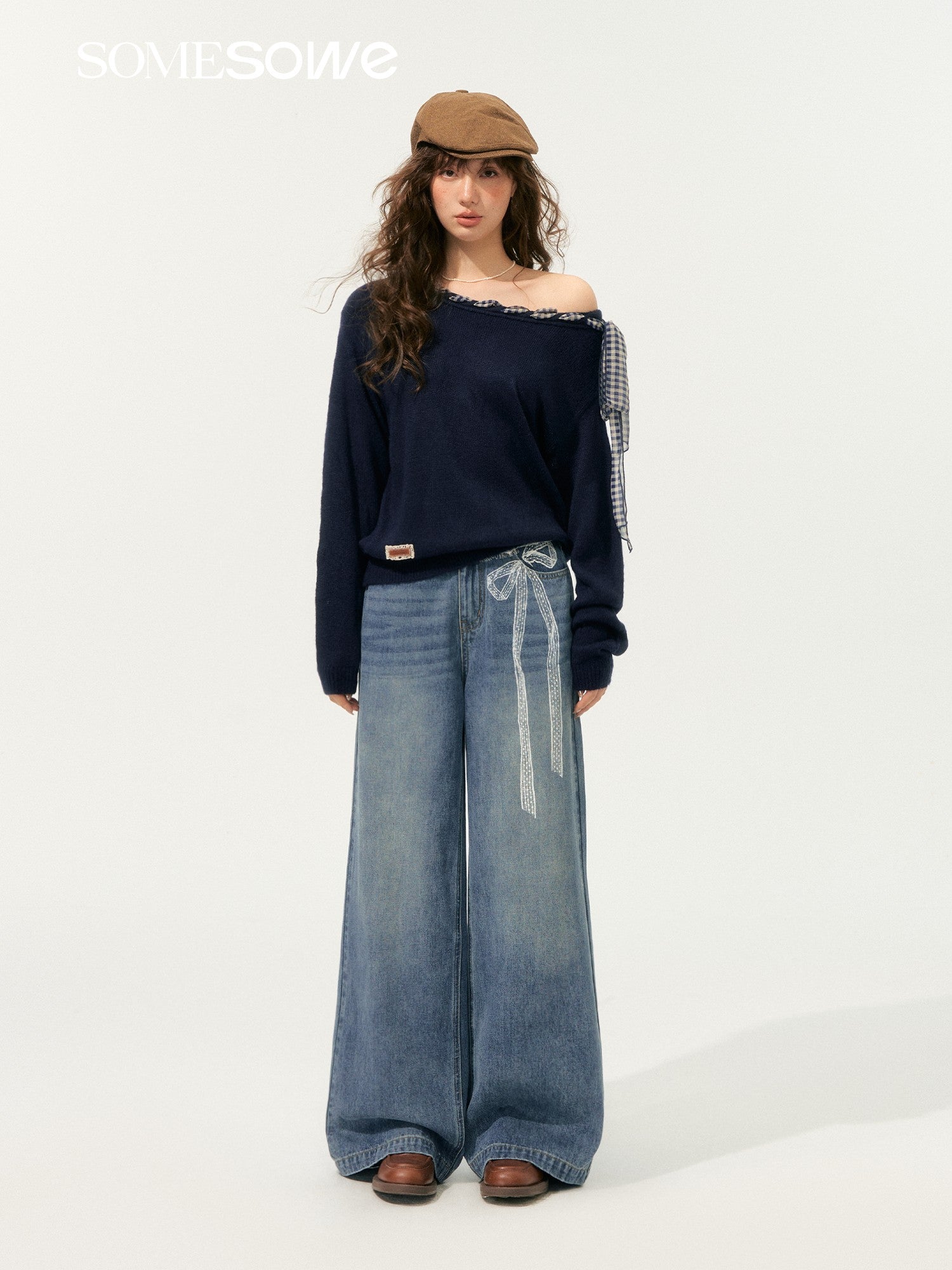 SOMESOWE in stock S2508181 Lace printed wide leg denim pants