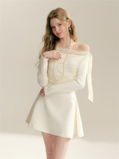 16DEWS 16D26021 Off shoulder bow slim fit long sleeved dress