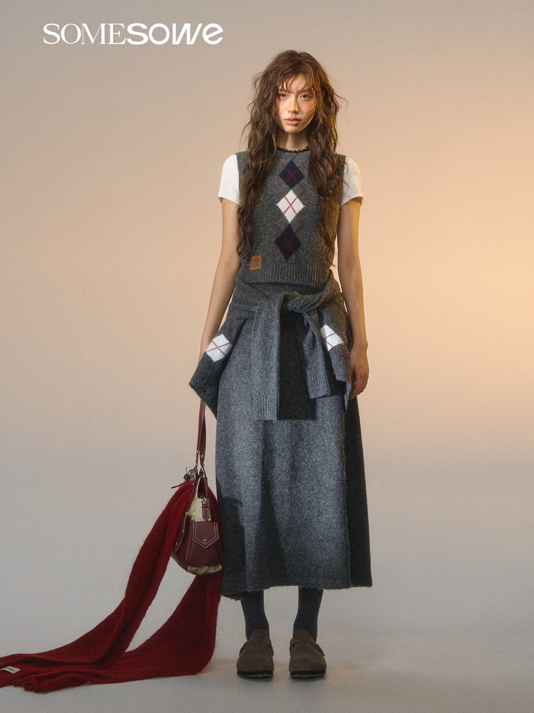 SOMESOWE S2508266&amp;S2508267&amp;S2508268  Floral velvet diamond grid round neck vest + cardigan + skirt set