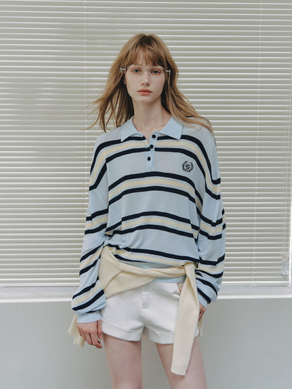 Asgony ASG26284 Striped Embroidered Knit Polo Shirt