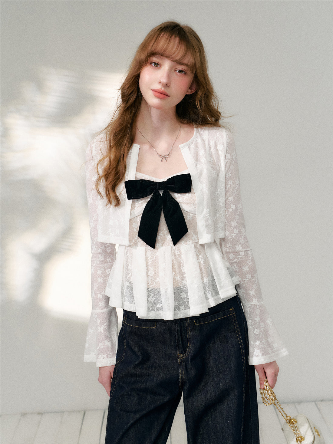 16DEWS 16D26105&amp;16D26106 Lace jacquard flared sleeve cardigan + camisole