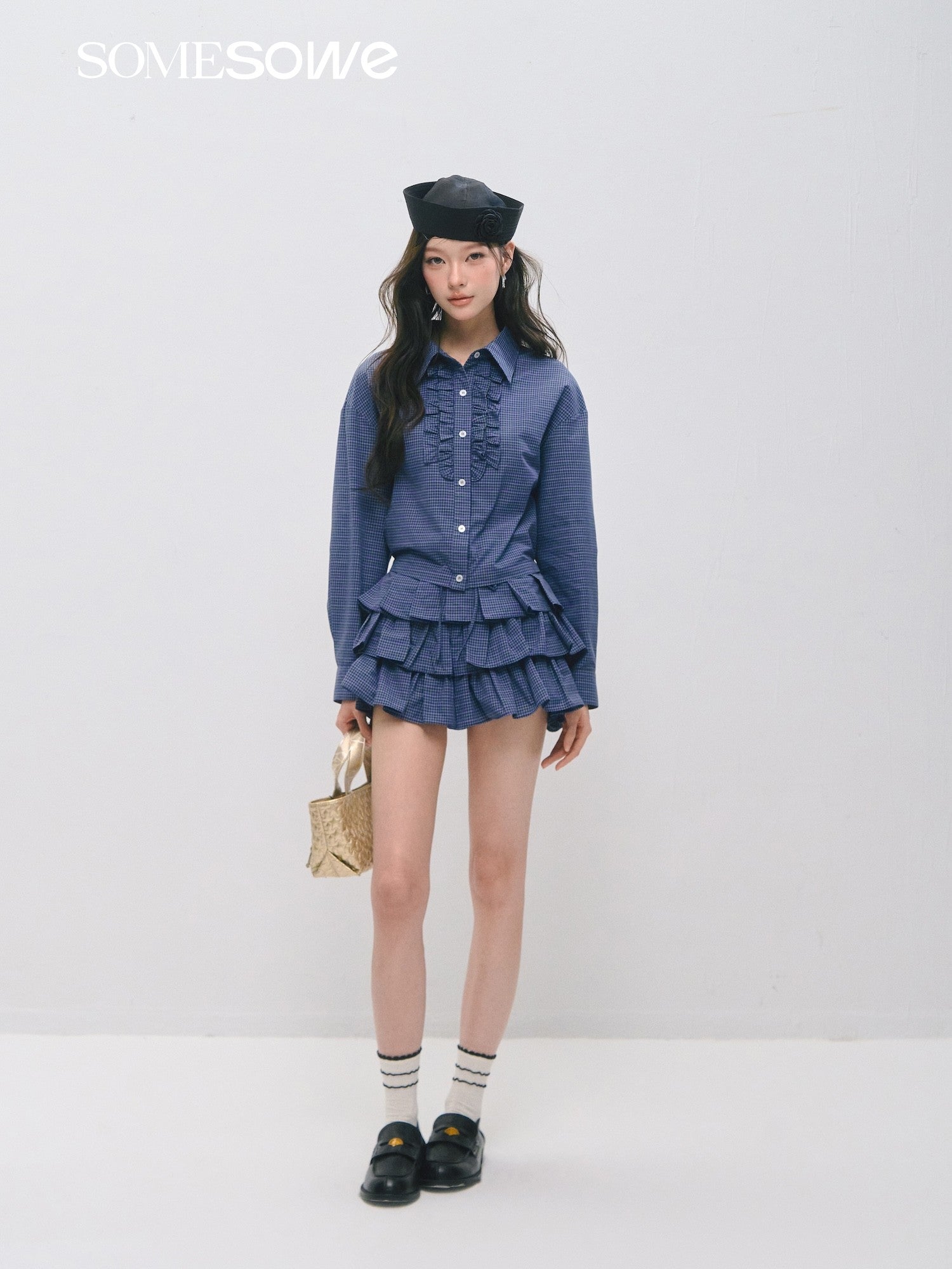 SOMESOWE S2509029&amp;S2509030 Plaid ruffled silhouette short shirt + skirt