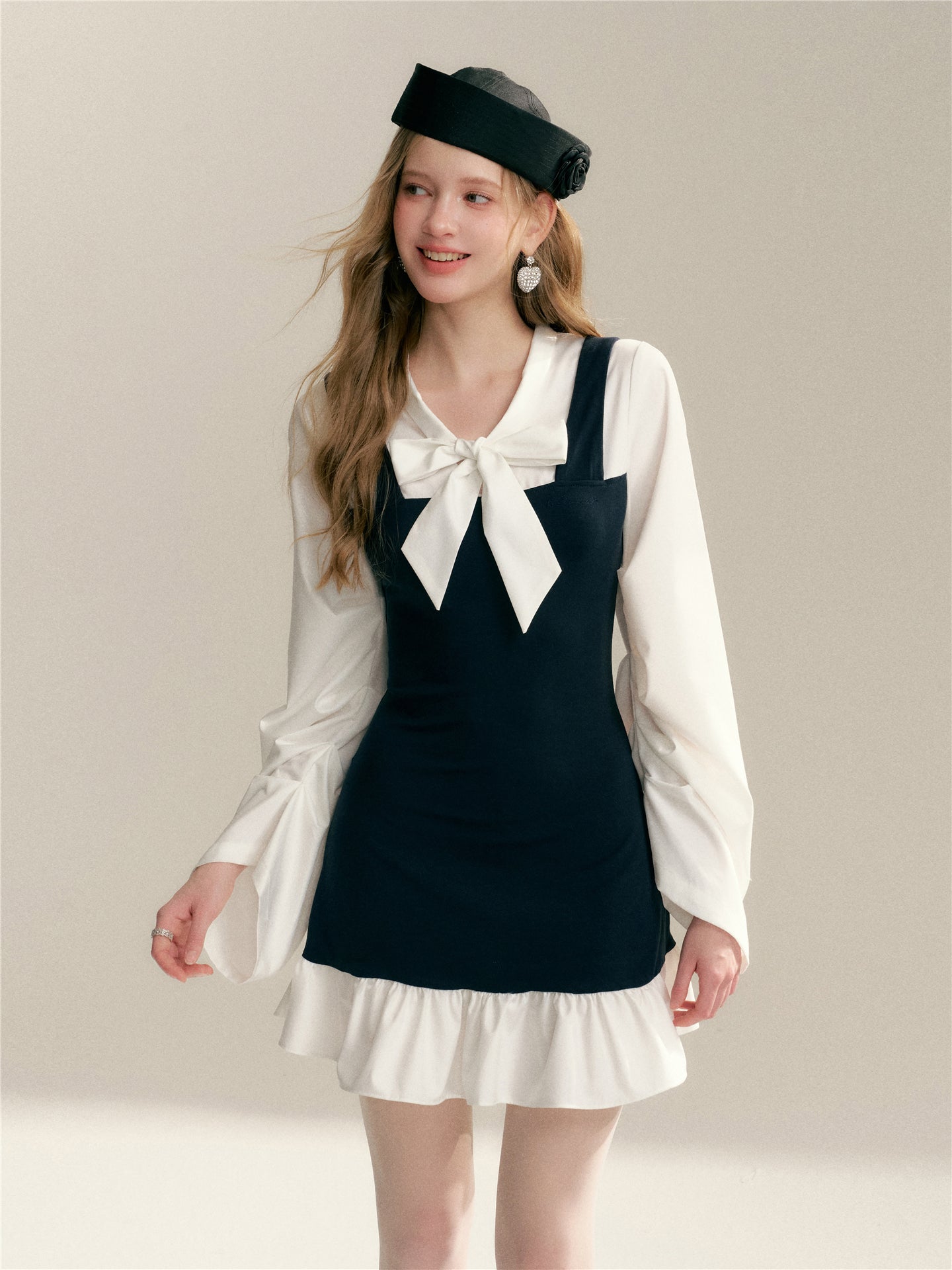 16DEWS 16D26015 Fake two V-neck lace up contrasting splicing slim fit dress