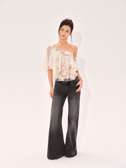 NONCESTNON N326 Patchwork One-Shoulder Top