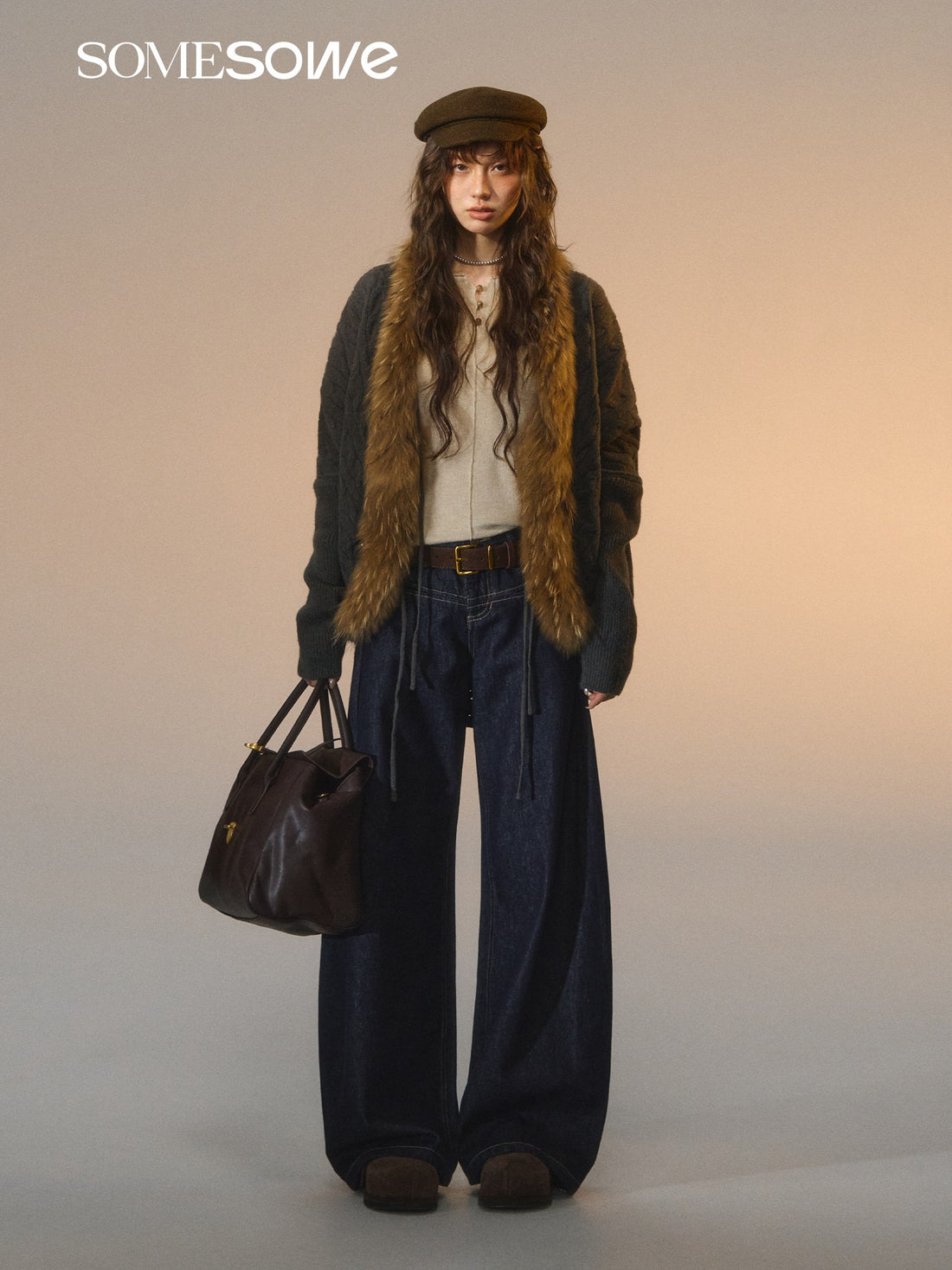 SOMESOWE S2508285 Strap bat sleeve fur collar sweater