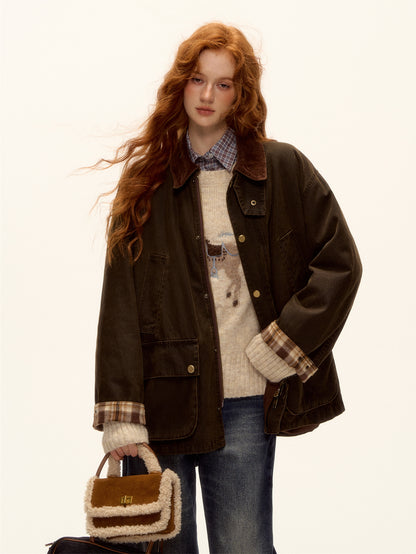 AsGony ASG25494 Plaid corduroy spliced cotton jacket