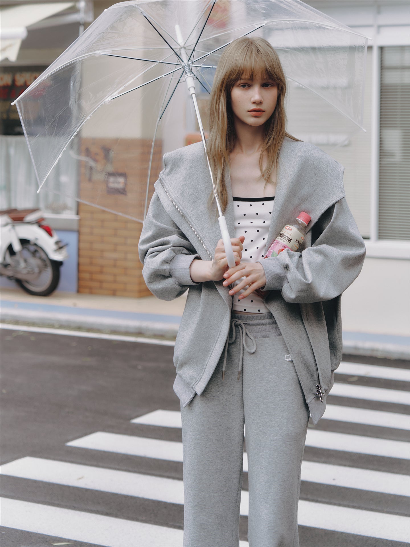 Asgony ASG25665 Oversized Collar Hooded Jacket+ ASG25666 Sweatpants