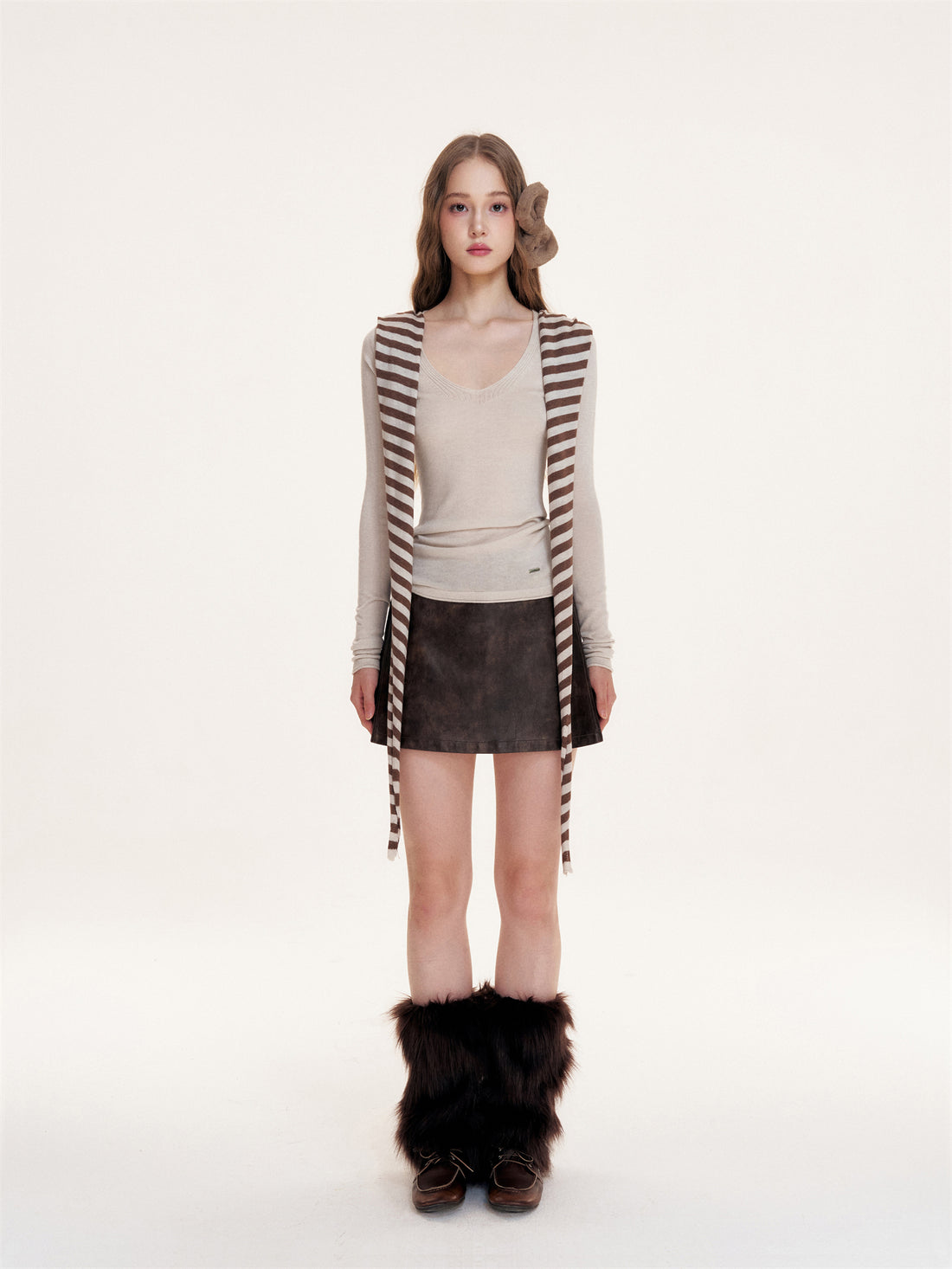 16DEWS 16D25418 Striped shawl V-neck knitted base top