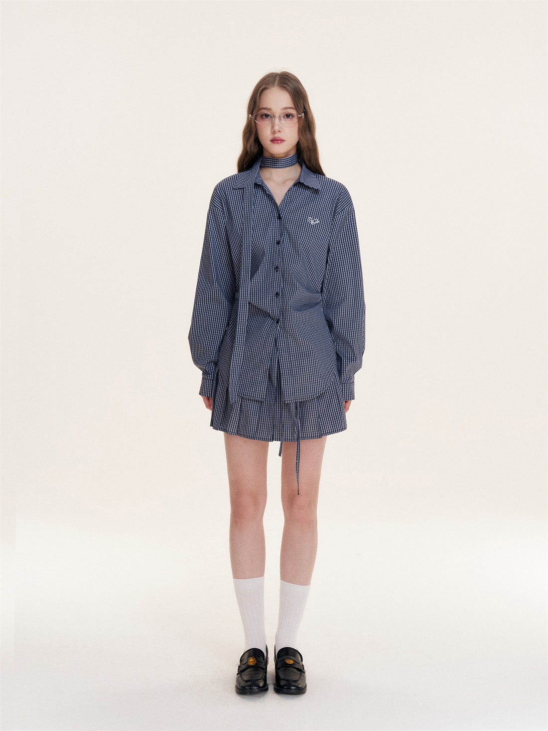 16DEWS 16D25420 Grid V-neck long sleeved shirt (with ribbon)