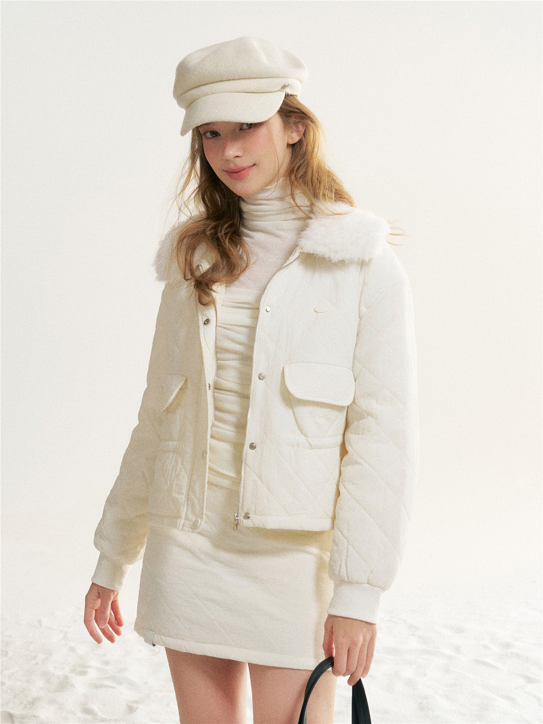 16DEWS 16D25535 Plaid waist cinching fur collar cotton jacket + skirt set