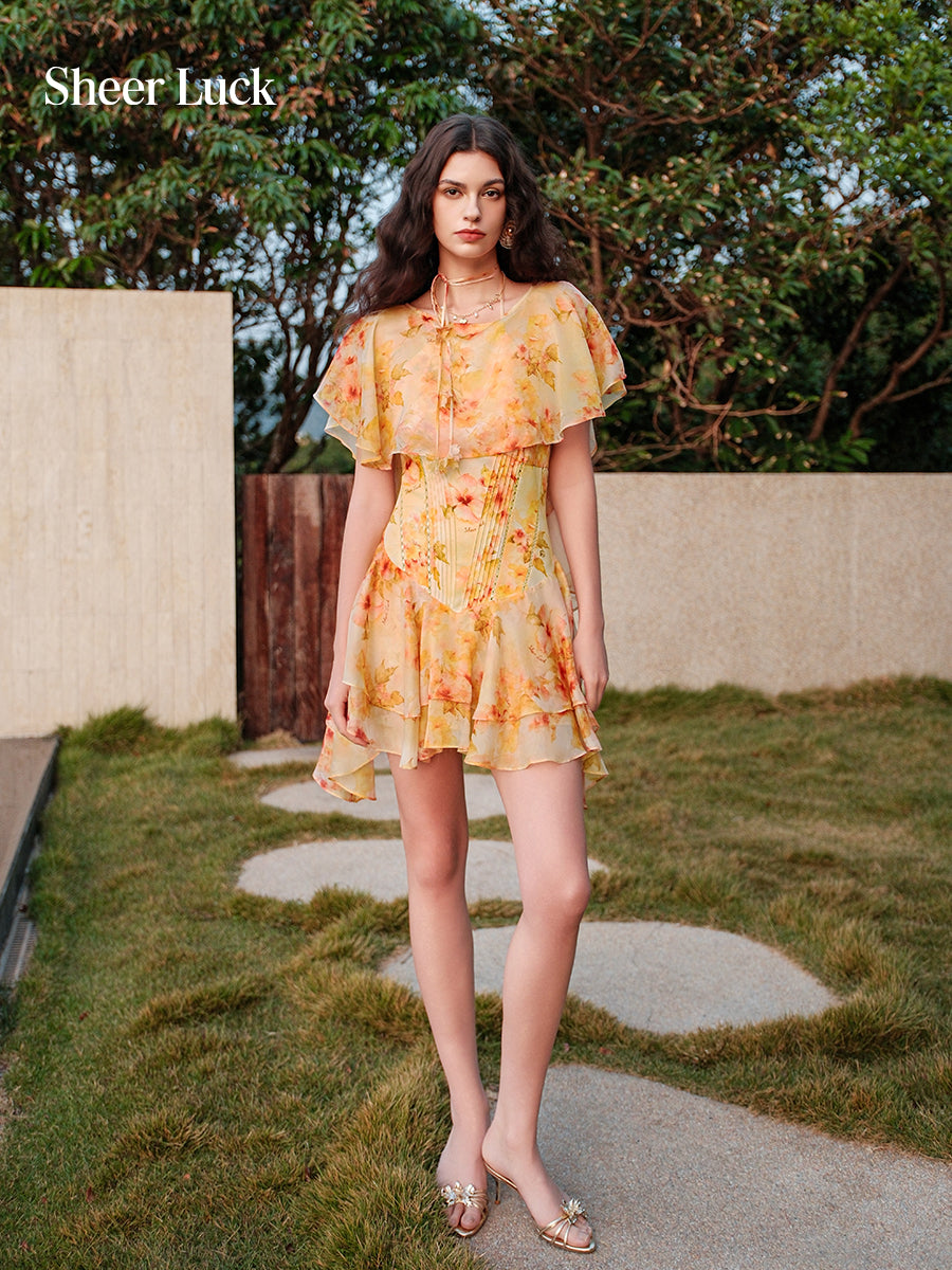 SHEERLUCK SLLYQ26101 Chiffon printed shawl mini dress