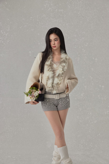 NONCESTNON N275 Knitted fur collar buttonless jacket