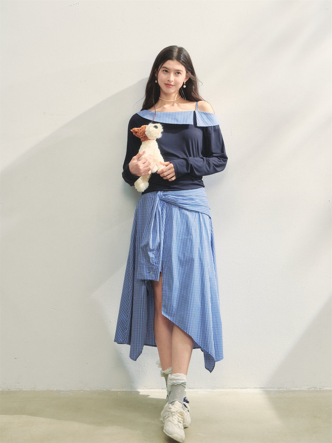 AsGony ASG25265&amp;ASG25266 Plaid patchwork contrasting top + skirt set