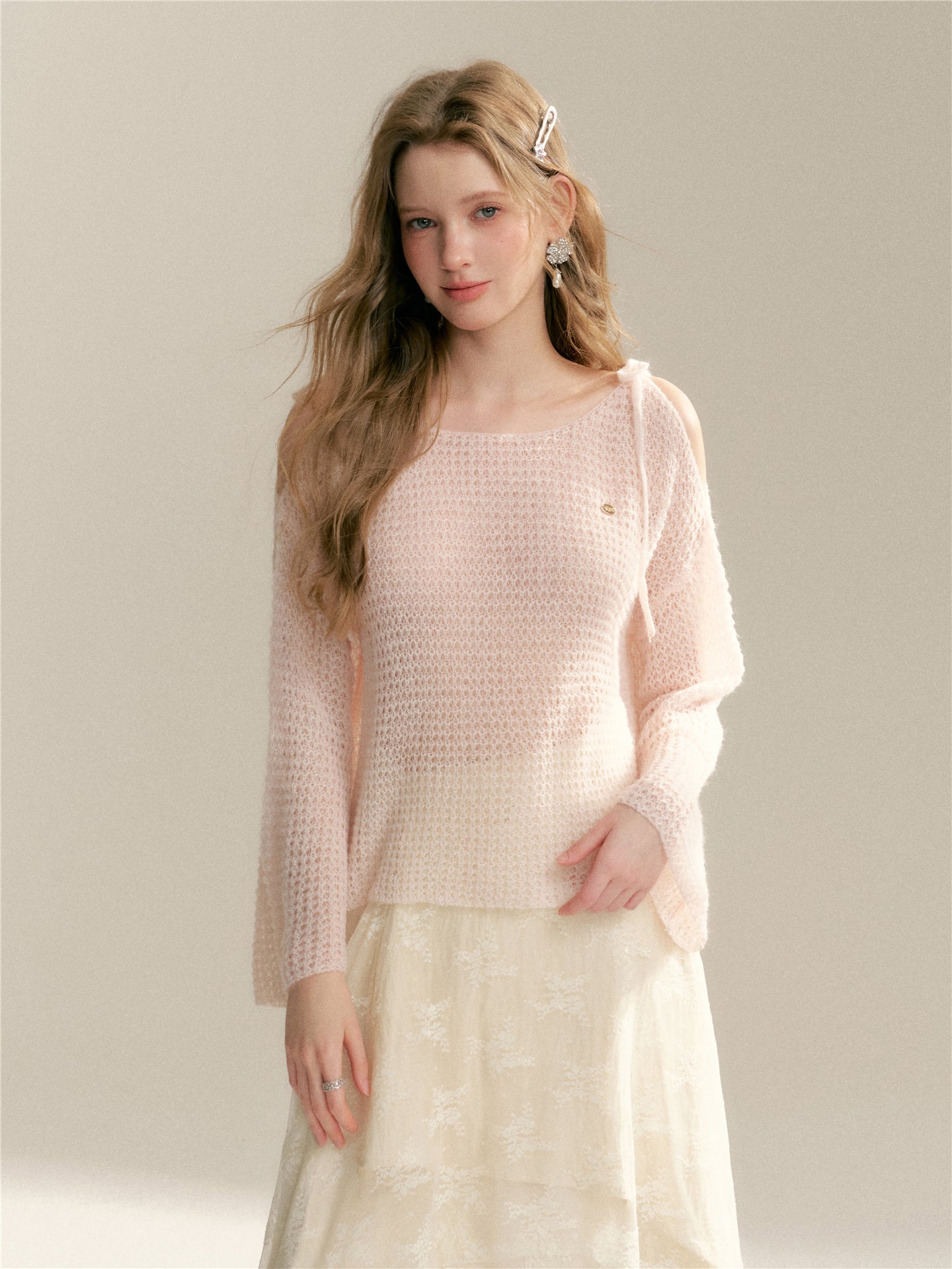 16DEWS 16D26048&amp;16D26049 Hollow out woolen lace up off shoulder knitted sweater + skirt set
