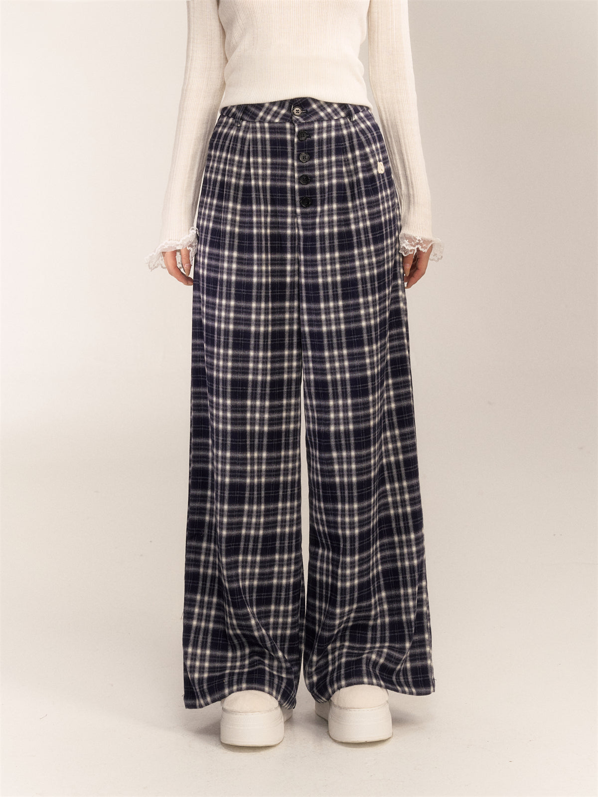 AsGony ASG24604 Vintage high-waisted breasted wide-leg slacks