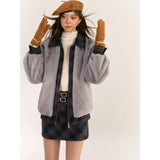 AsGony ASG24563 eco-friendly fur jacket + ASG24564 embroidered plaid skirt set