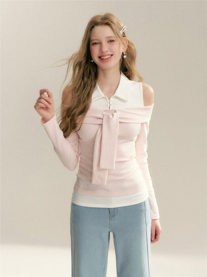 16DEWS 16D26022 Fake two piece off shoulder strap splicing slim fit top