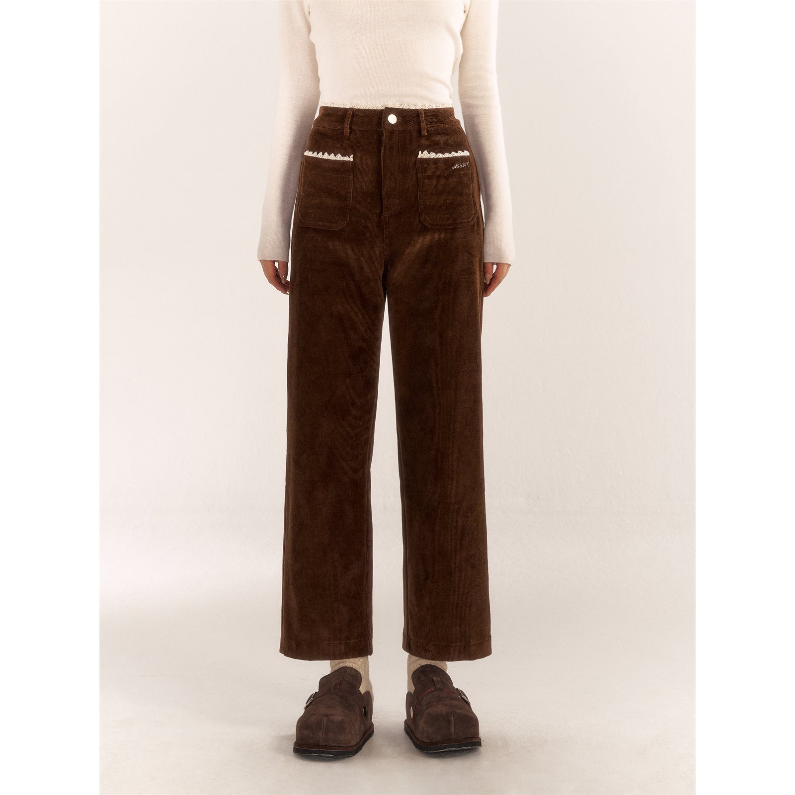 AsGony ASG24558 lace stitching brown pants