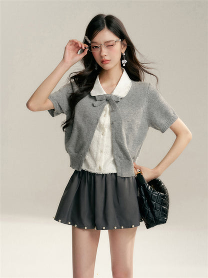 16DEWS 16D26065 Color blocking doll collar fake two-piece knitted short sleeved shirt