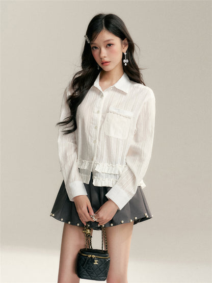 16DEWS 16D26044 Texture based black fungus lace patchwork shirt