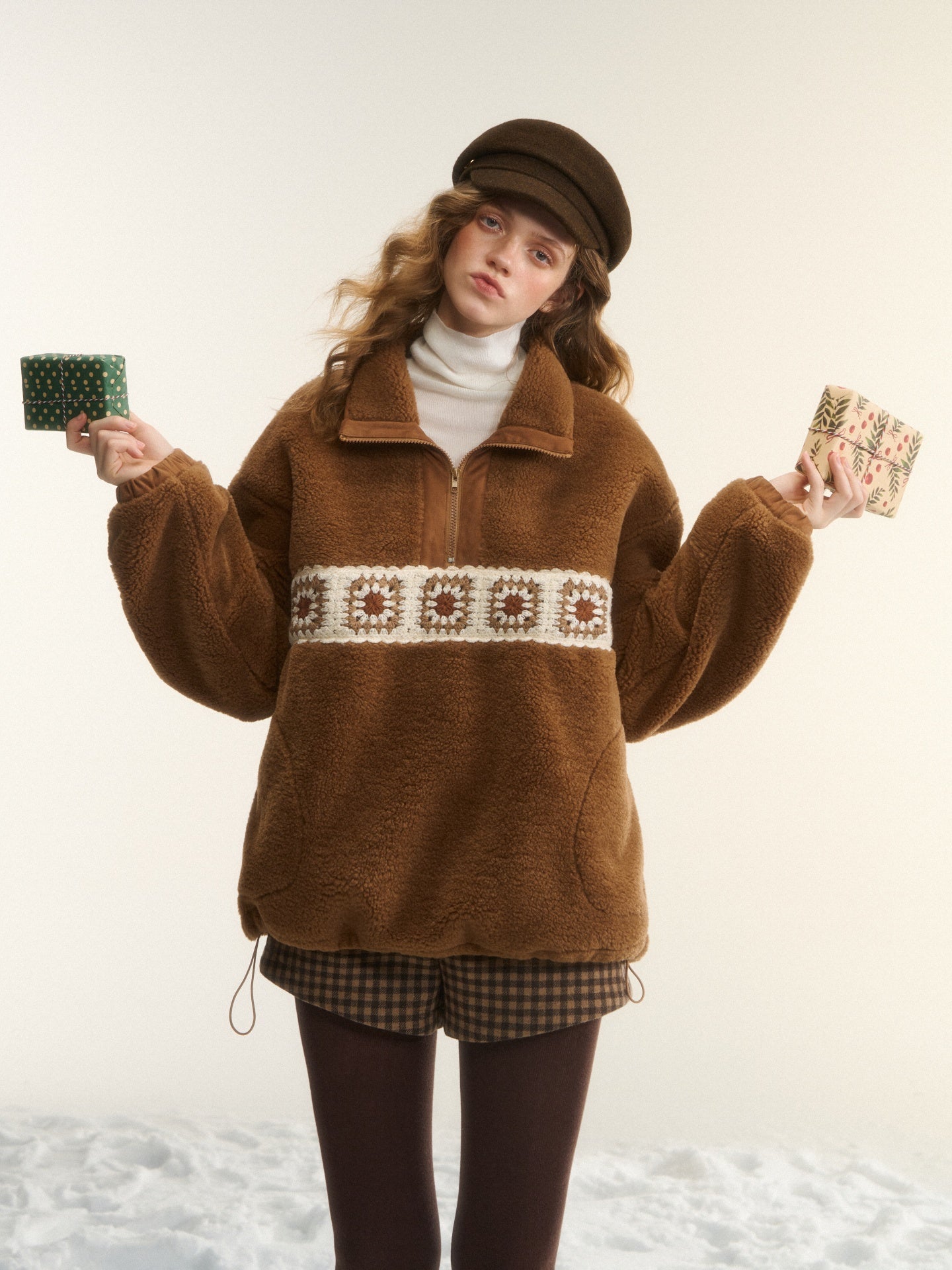 AsGony ASG25542 Crochet flower particle velvet zipper hoodie