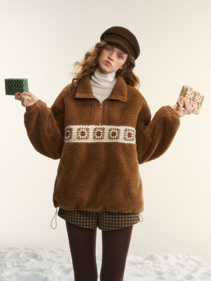 AsGony ASG25542 Crochet flower particle velvet zipper hoodie