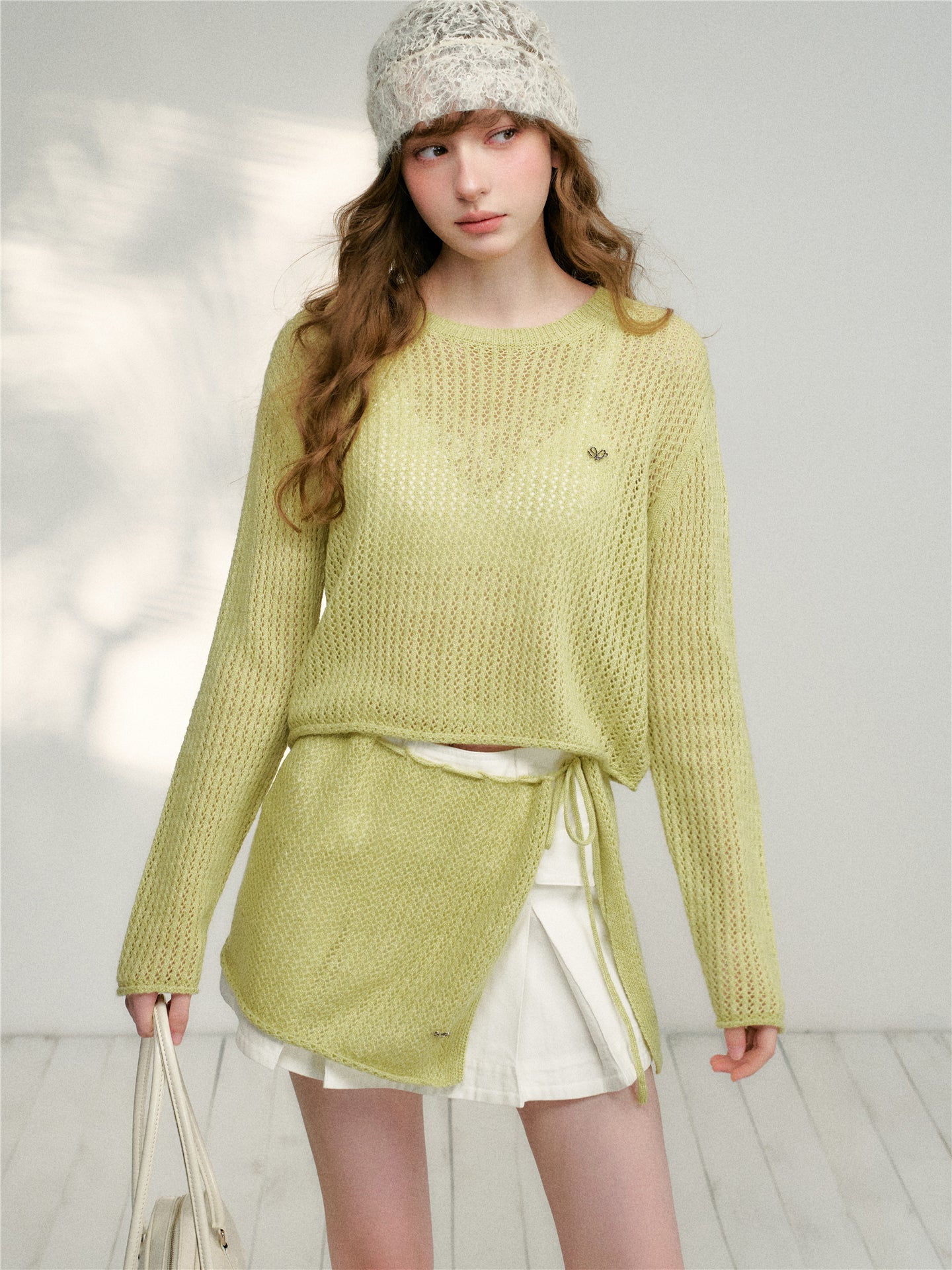 16DEWS 16D26078 Lace-up circular-neck knitted top (with shawl)