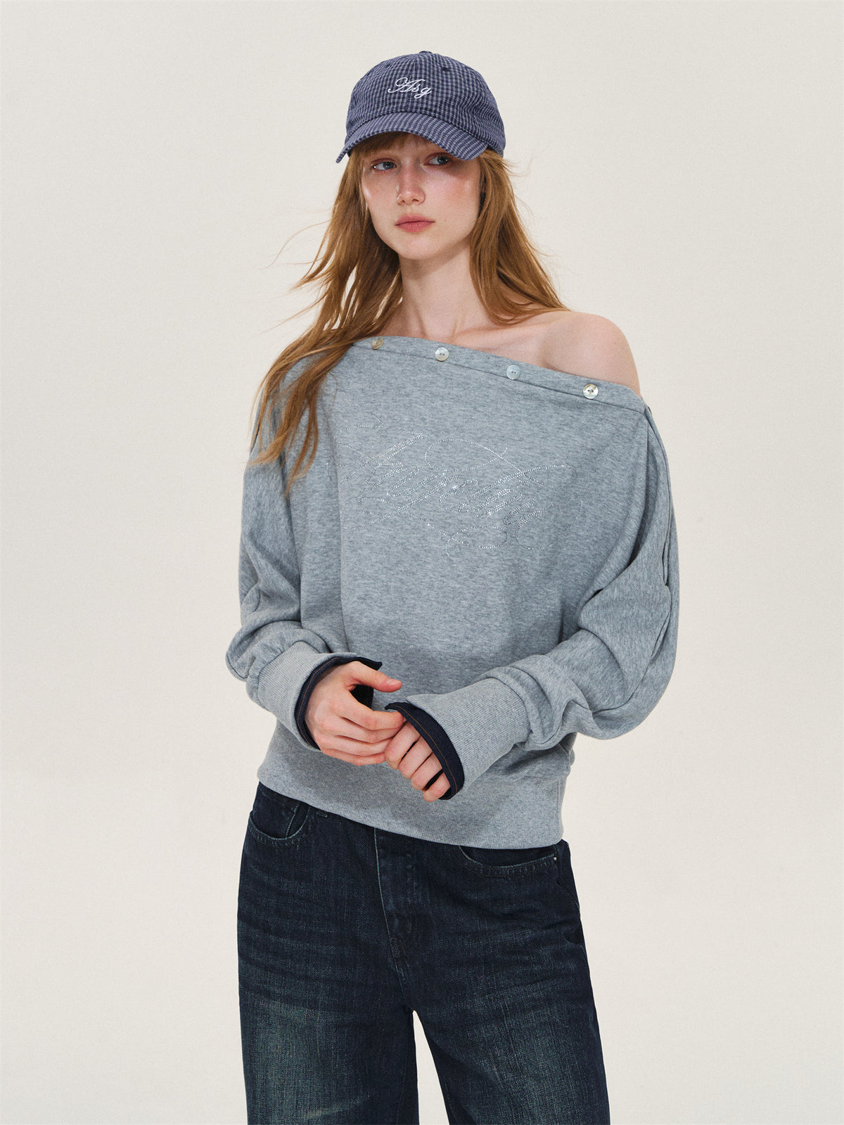 Asgony ASG26567 Printed One-Shoulder Sweater