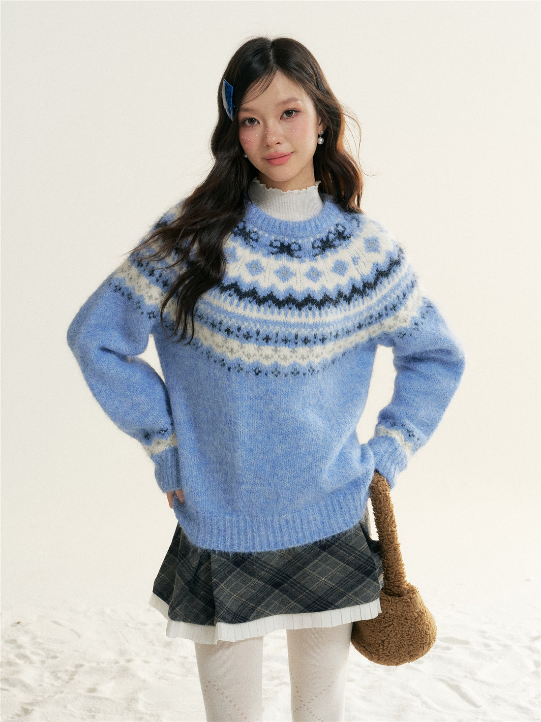 16DEWS 16D25511 Fair Isle Cable Knit Crewneck Sweater