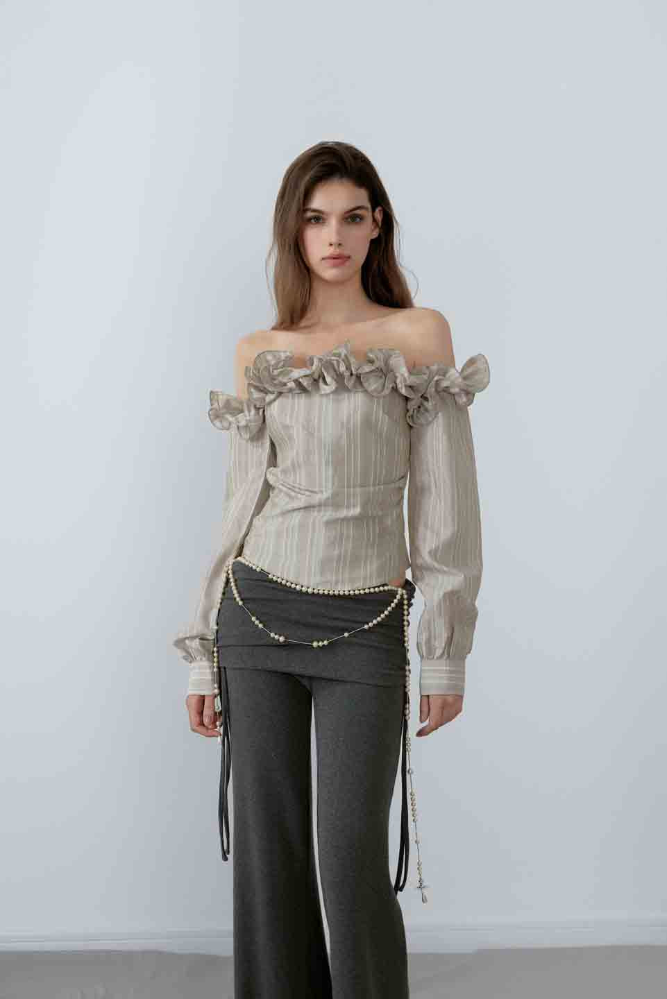 NONCESTNON N221 Striped pleated long sleeved top