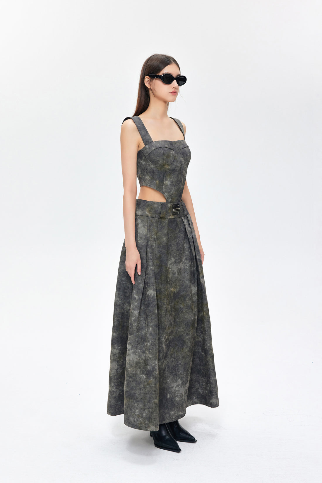 YJ1NGZYZJ  DENIM ACID-WASH LONG SKIRT IN GRAY