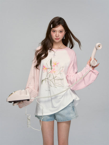 AsGony ASG25120 Color blocked floral print round neck T-shirt