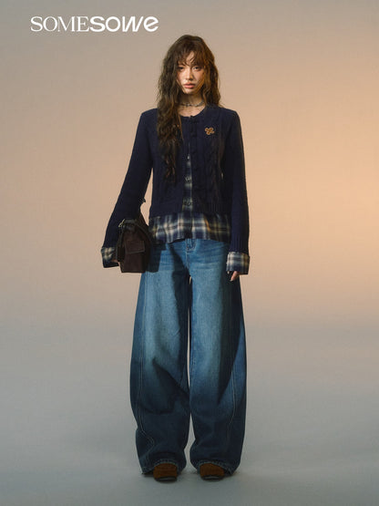 SOMESOWE S2508275 Fake two piece checkered spliced floral cardigan