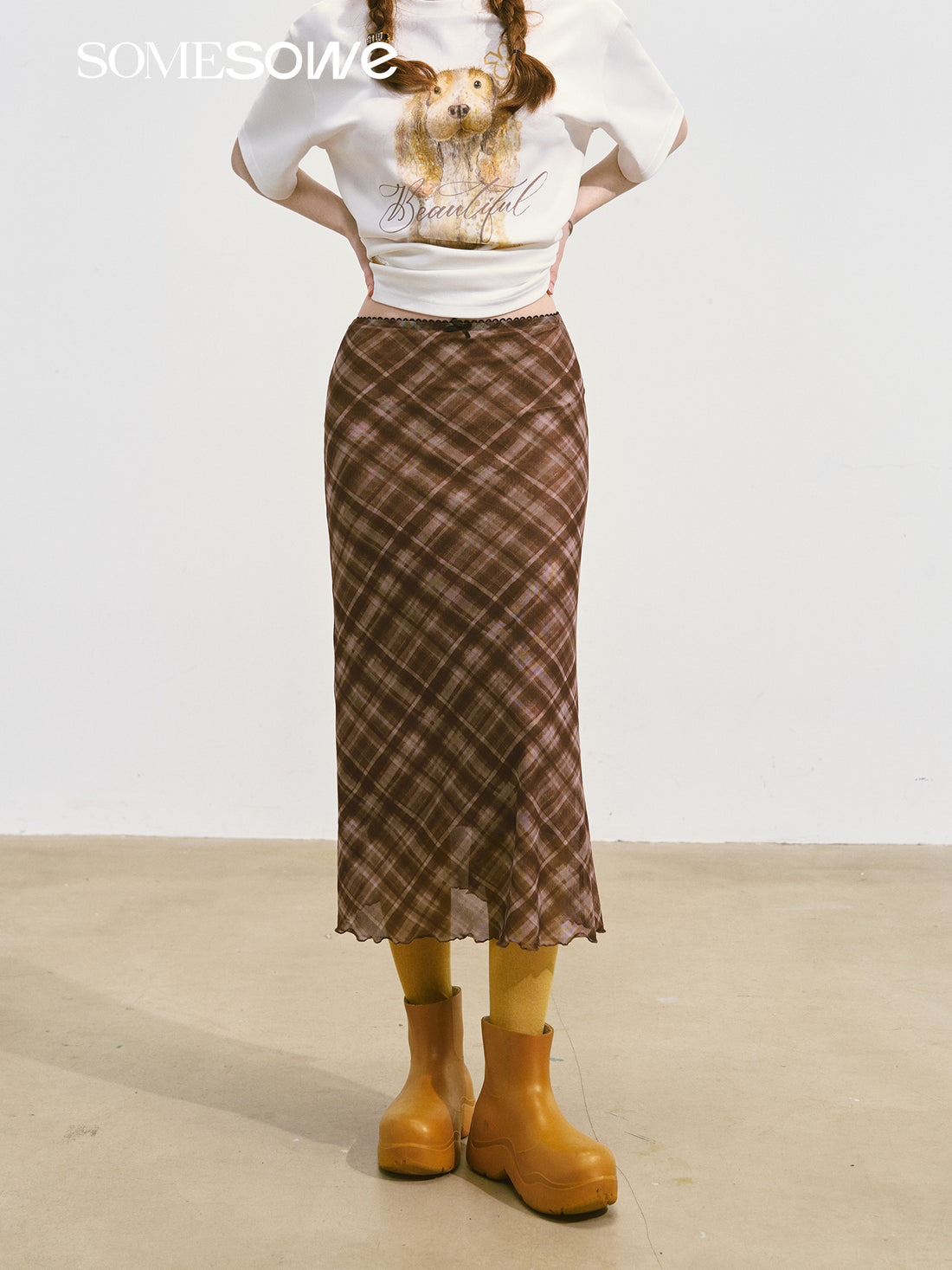 SOMESOWE S2508092 Plaid mesh elastic skirt